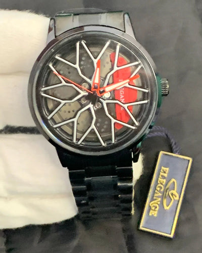 Watch with unique design and brand tag on a dark background